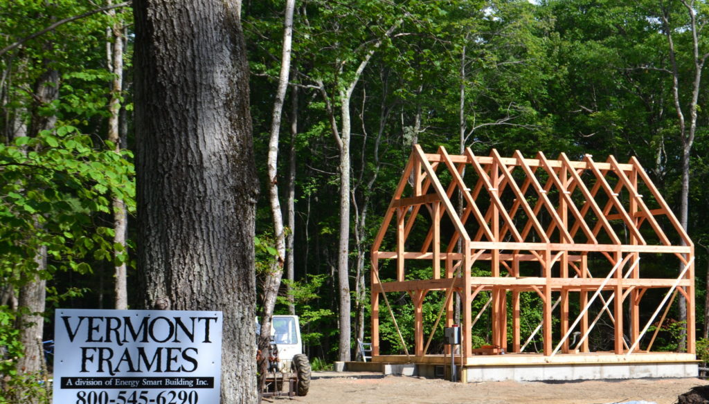 Vermont Frames sign and a timber frame